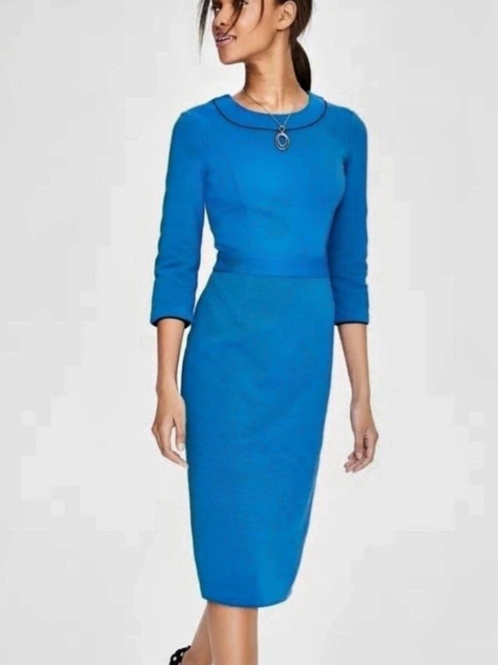 Boden Mia Ottoman Dress in vibrant blue with three-quarter sleeves and a pencil